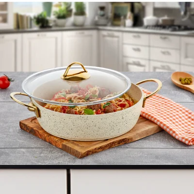 Evren 32 Cm Cream Ezme Seri Basık Tencere 4,7 Lt (Gold Çelik Kulp)